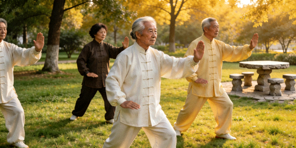 中老年人在公园练习太极拳 - 动作舒缓整齐，体现传统养生文化