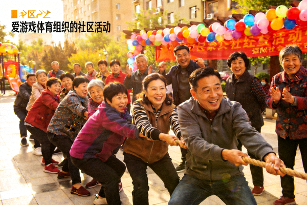 社区居民在广场参与趣味拔河比赛 - 爱游戏体育组织的社区活动
