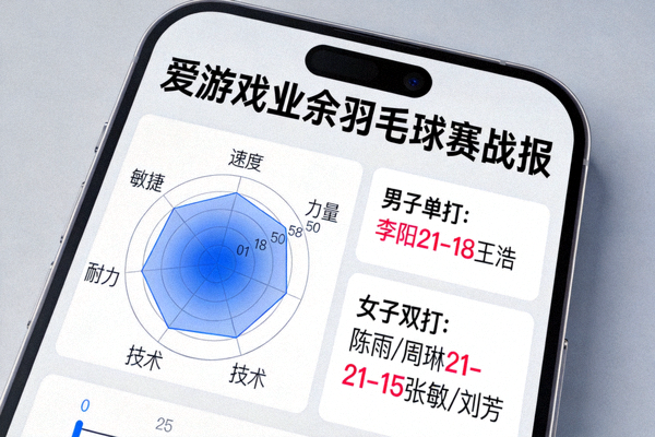 手机屏幕显示爱游戏平台上的业余羽毛球赛战报，包含球员数据雷达图和实时比分