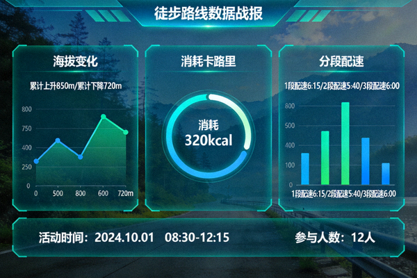 徒步活动结束后，爱游戏APP生成的路线数据战报，包含海拔变化、消耗卡路里和分段配速