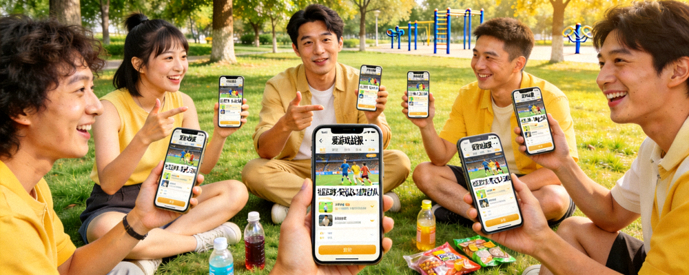 一群人围坐在公园草坪上，同时看着手机上的爱游戏战报，讨论刚刚结束的社区足球赛