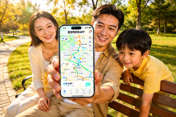 一家人在公园使用爱游戏体育APP规划徒步路线，手机地图显示详细路径