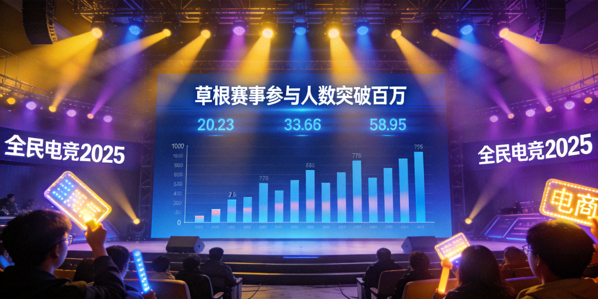 2025全民电竞战报发布现场 - 大屏幕显示草根赛事参与人数突破百万的实时数据