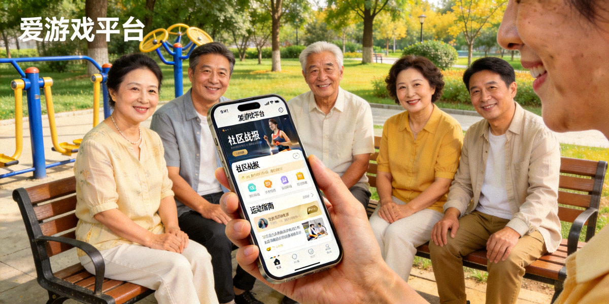 社区居民围坐在公园长椅上，通过手机查看爱游戏平台上的社区战报和运动指南