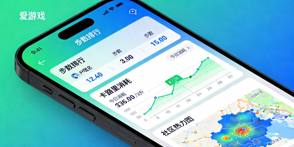 手机屏幕显示爱游戏平台社区运动数据面板，包含步数排行、卡路里消耗和社区热力图