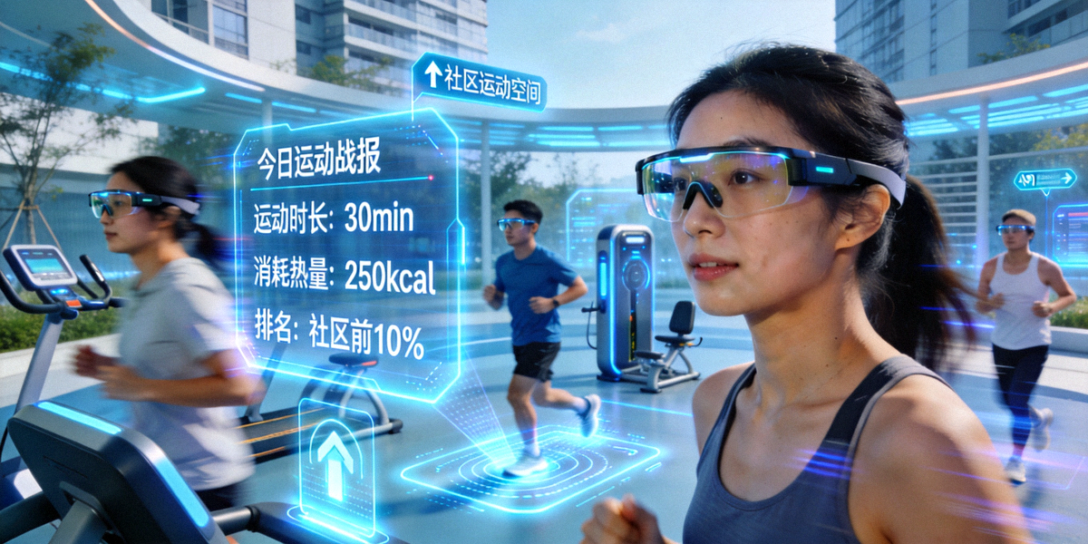 未来感十足的社区运动空间，居民佩戴AR眼镜查看虚拟战报，与现实运动场景交互