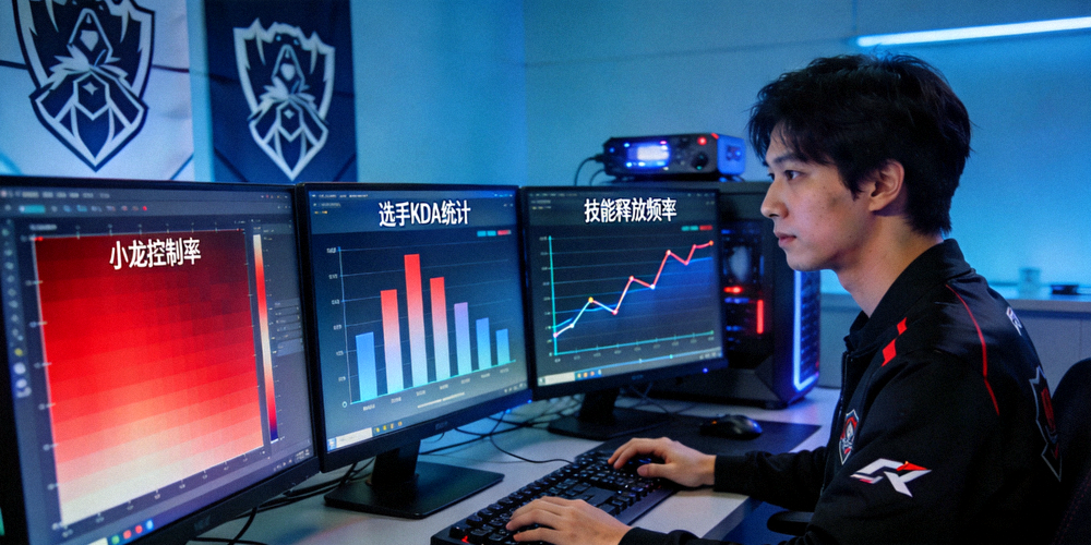 电子竞技数据分析师正在查看多屏幕上的比赛数据热力图和选手操作统计