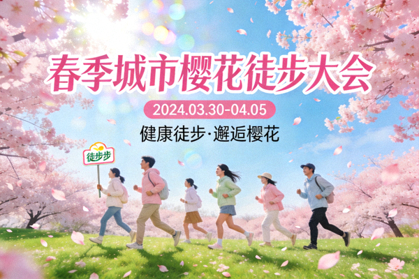 春季城市樱花徒步大会宣传图，人们在樱花树下行走，充满生机