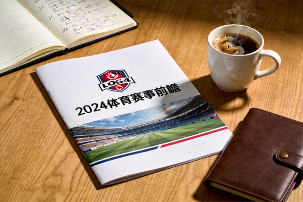 一份印刷精美的体育赛事前瞻报告摆放在办公桌上，旁边有咖啡和笔记本