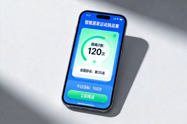 智能居家运动挑战赛界面展示，手机屏幕显示跳绳计数和全国排名