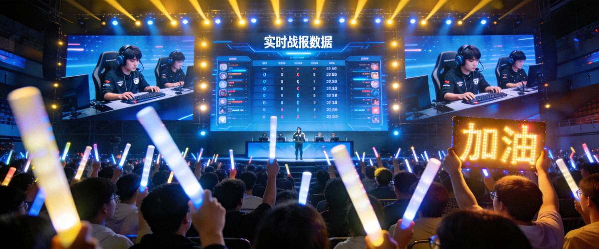 电竞比赛现场大屏幕显示实时战报数据与选手画面，观众席气氛热烈