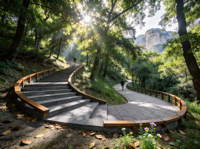 城市公园环山步道徒步场景 - 树荫下的缓坡道路与阶梯