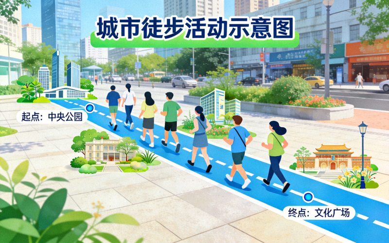 城市徒步活动示意图 - 参与者沿步道结伴前行欣赏沿途风景