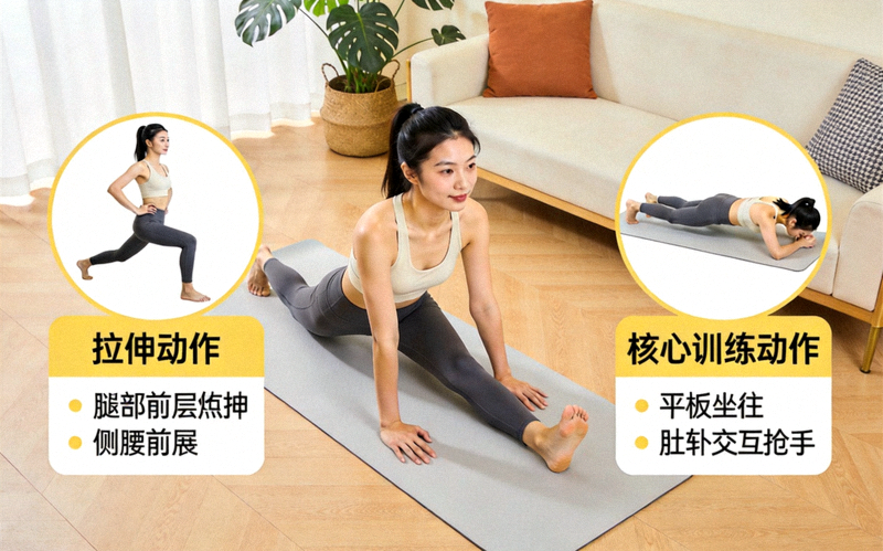 居家轻运动项目示意图 - 在客厅垫子上完成拉伸与核心训练动作