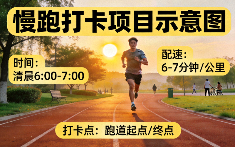 慢跑打卡项目示意图 - 跑者在清晨公园跑道上保持匀速前进