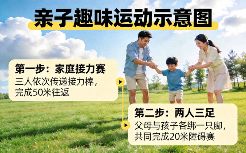 亲子趣味运动示意图 - 家庭成员在户外一起完成互动游戏