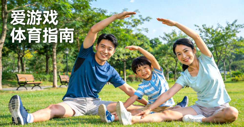 家庭成员在公园跟随爱游戏体育指南进行亲子轻运动 - 家长与孩子一起完成简单伸展动作
