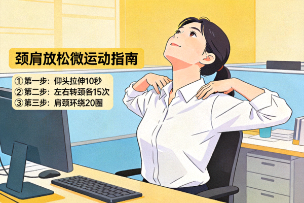 上班族在工位进行微运动 - 跟随指南完成颈肩放松动作