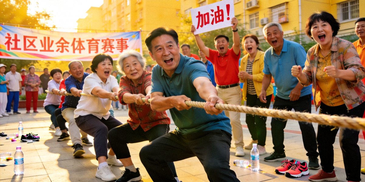 社区居民参与业余体育赛事 - 拔河比赛现场气氛热烈