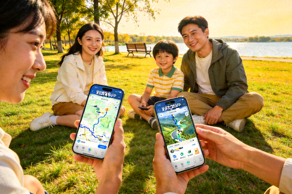 一家人在公园使用爱游戏体育APP规划徒步路线