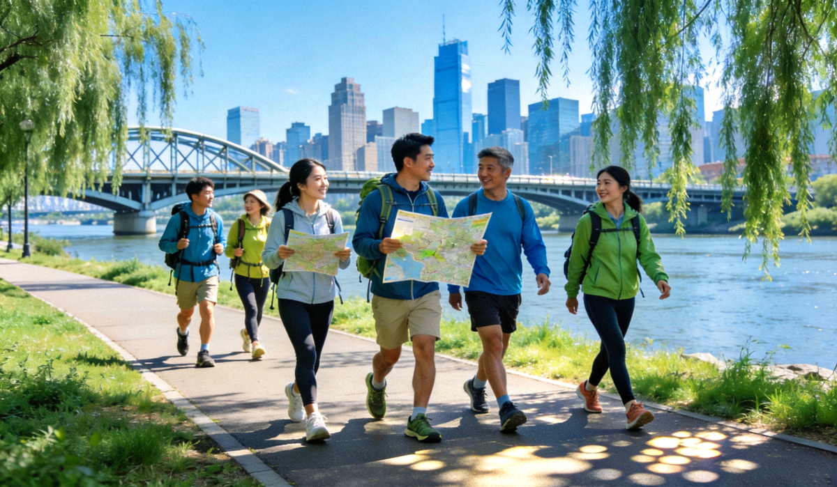 城市徒步路线沿途风景 - 参与者在河畔绿道结伴行走