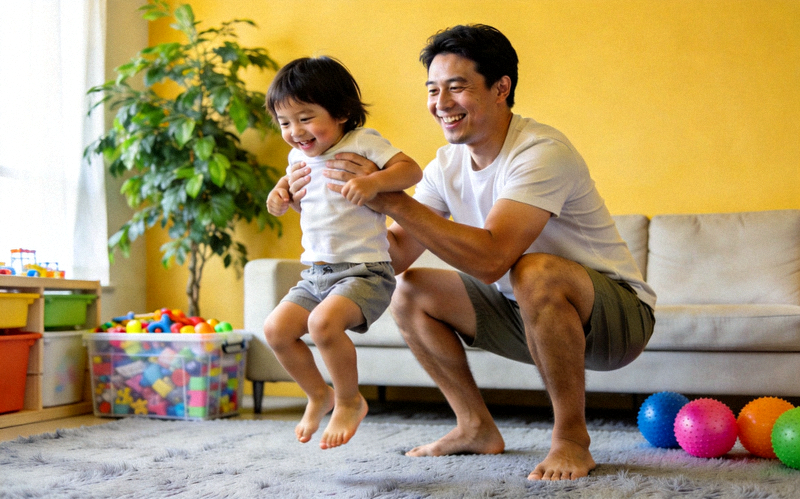 亲子居家体能游戏场景 - 家长与孩子在客厅进行互动运动