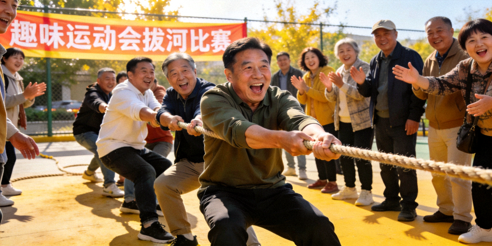社区居民在爱游戏体育指南平台组织下参与趣味运动会拔河比赛