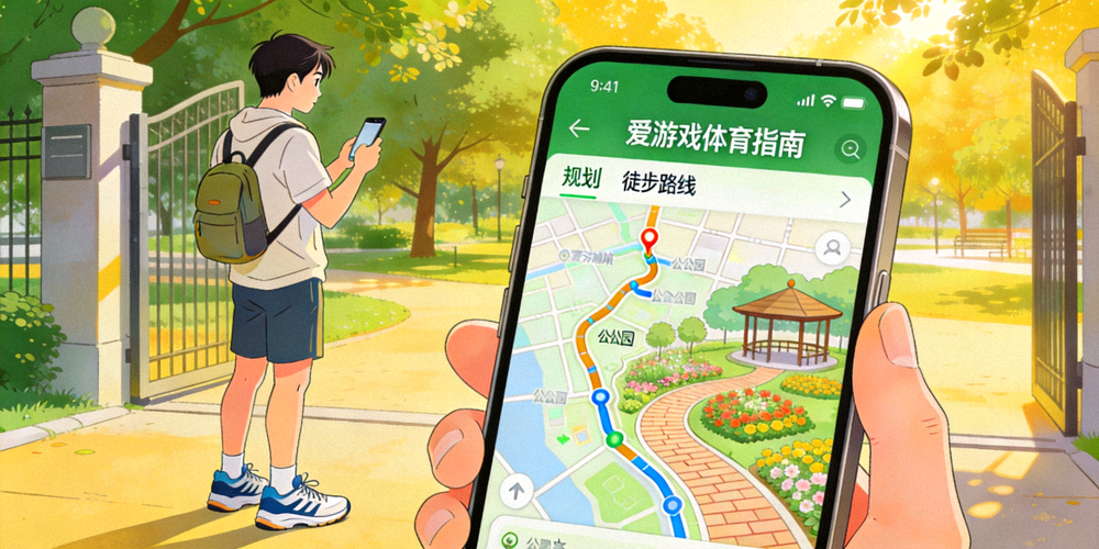 市民使用爱游戏体育指南平台规划城市徒步路线并在公园中步行