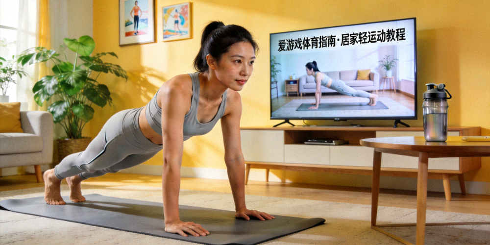 用户跟随爱游戏体育指南平台的居家轻运动教程在客厅进行核心训练