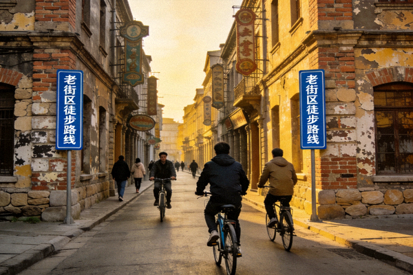 城市老街区徒步路线 - 骑行与步行者穿行于历史建筑街道