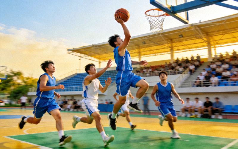 篮球场上球员跳投瞬间 - 团队运动带来的社交乐趣