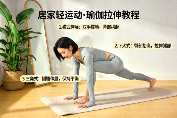 女性在家中进行瑜伽拉伸练习 - 居家轻运动教程实拍