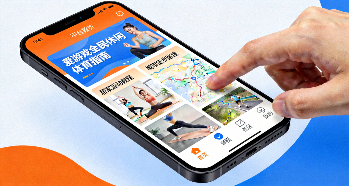 爱游戏全民休闲体育指南平台首页界面展示 - 用户在手机上浏览居家运动教程与城市徒步路线