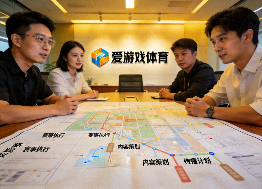 爱游戏体育内容团队围坐讨论 - 会议桌上铺开路线规划图与活动方案