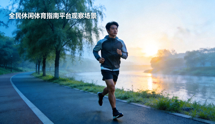 城市跑者在清晨沿河步道进行休闲慢跑 - 全民休闲体育指南平台观察场景