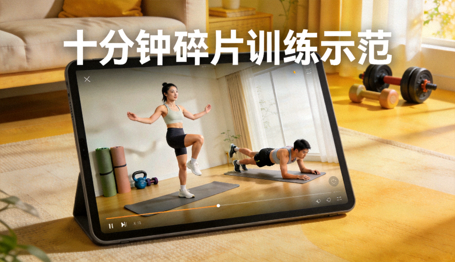 健身者在室内跟随教程完成居家轻运动动作 - 十分钟碎片训练示范