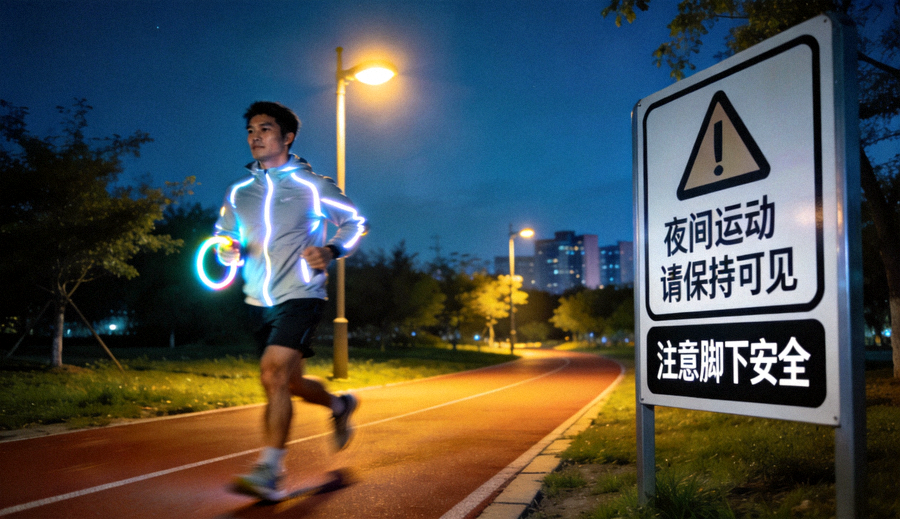 夜间城市公园照明下的休闲慢跑者 - 夜间运动安全提示场景