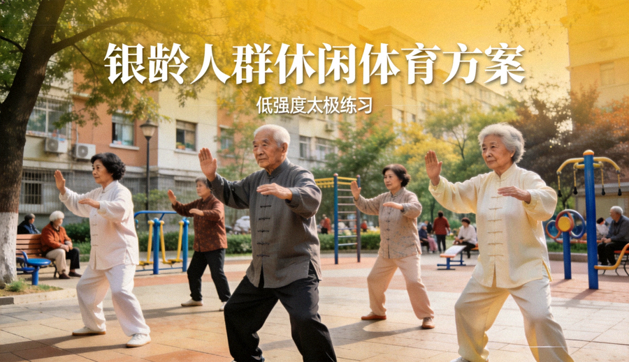 银龄长者在社区广场进行低强度太极练习 - 银龄人群休闲体育方案