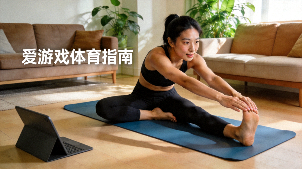 用户跟随爱游戏体育指南进行居家轻运动训练 - 在客厅瑜伽垫上完成拉伸动作