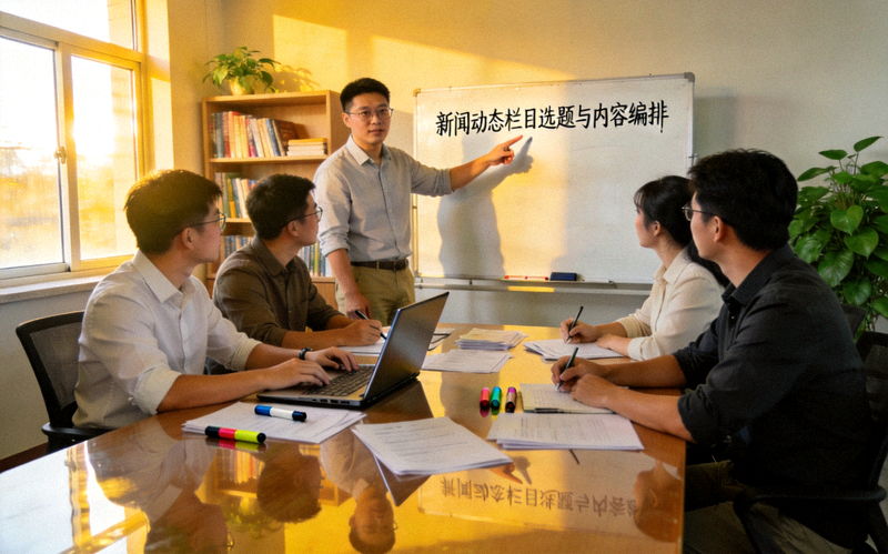 指南平台编辑团队讨论选题与内容编排 - 新闻动态栏目工作场景