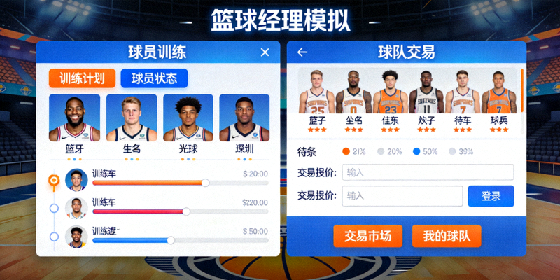 篮球经理模拟游戏界面 - 管理球员训练与球队交易