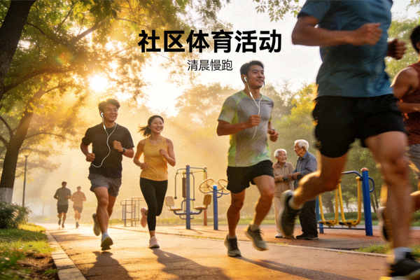 清晨公园中慢跑的人群 - 社区体育活动现场