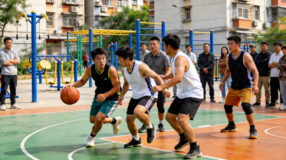 本地业余体育赛事现场 - 参与者在社区球场上进行业余篮球比赛