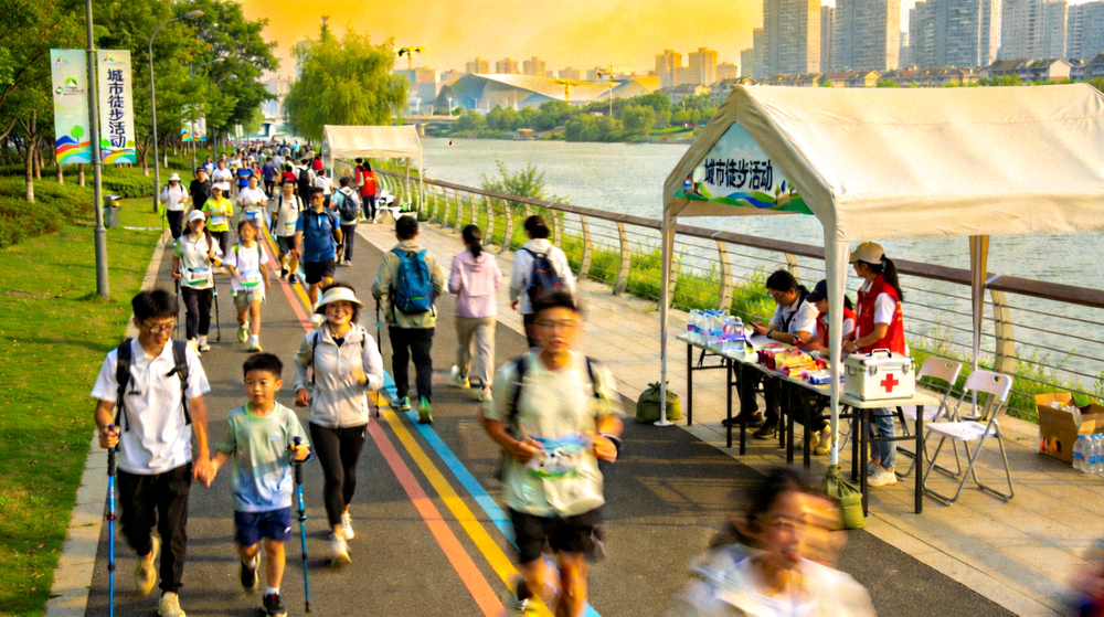 城市徒步活动场景 - 参与者沿滨河绿道结伴行走，沿途设有休息与补给点
