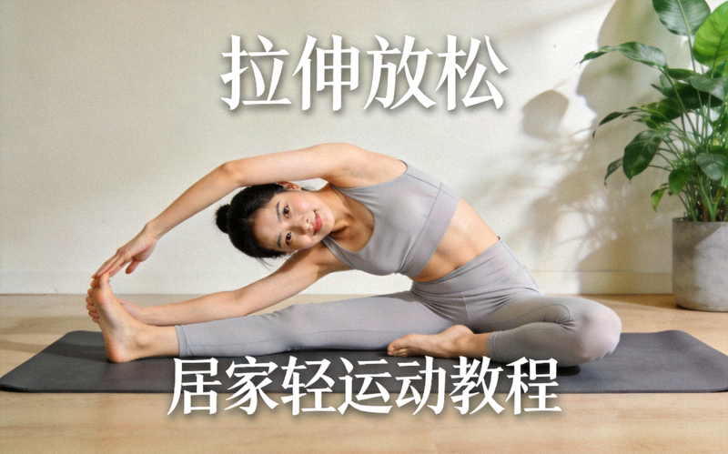 女性在室内瑜伽垫上做拉伸动作 - 居家轻运动教程配图