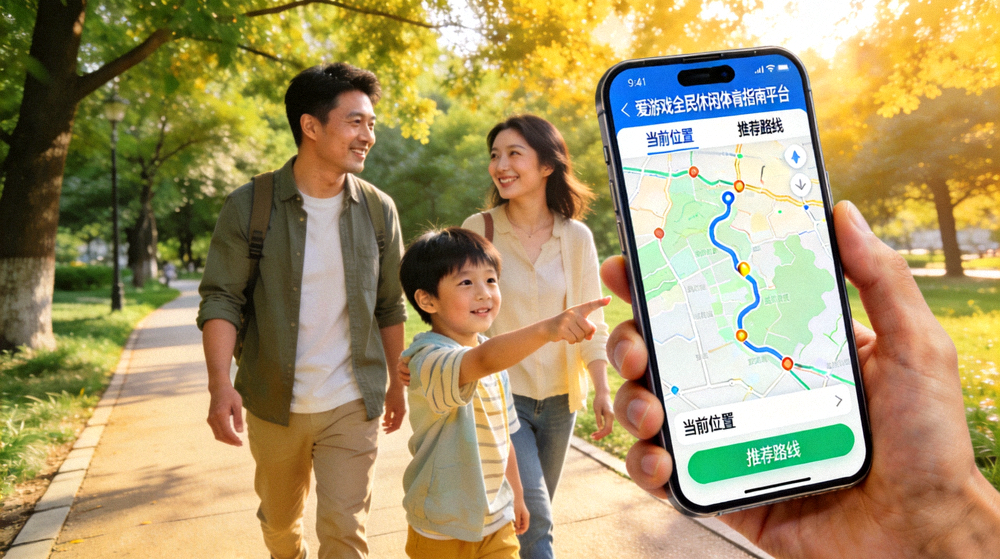 一家人在城市公园步道上使用爱游戏全民休闲体育指南平台查看徒步路线