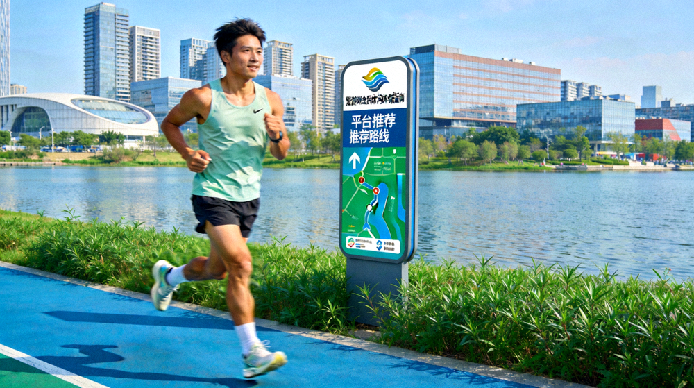 运动爱好者在城市滨水步道上慢跑，体验爱游戏全民休闲体育指南平台推荐路线