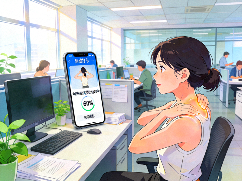 办公场景中的运动打卡功能展示 - 用户在工位旁进行肩颈放松训练