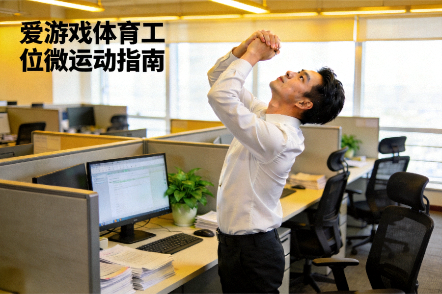 上班族在办公室工位旁进行颈肩拉伸练习 - 爱游戏体育工位微运动指南场景