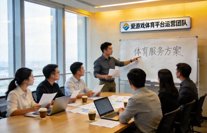 团队在会议室讨论体育服务方案 - 爱游戏体育平台运营团队工作场景